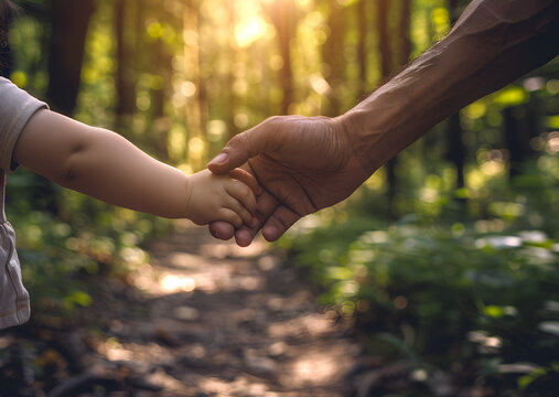 Adult holding child's hand in forest at sunset. Outdoor photography with family and nature connection concept. Design for family counseling poster, parenting guide cover