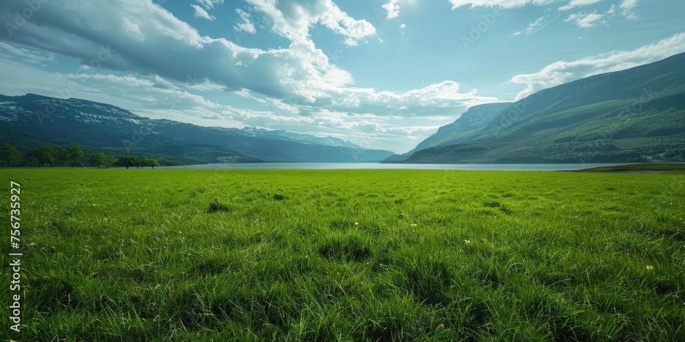 Poster serene landscape with grass field and distant mountains. ideal for nature and travel concepts