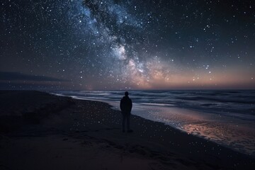 Person standing on beach looking at stars, suitable for travel and relaxation concepts - obrazy, fototapety, plakaty