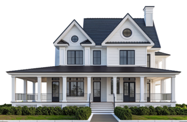 Elegant white Victorian house with gray accents and spacious front porch, cut out - stock png.