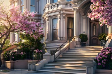 townhouse exterior with a symphony of pastel colors, architectural details, and tasteful landscaping, exuding timeless charm in 16k full ultra HD.