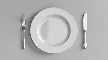 A simple image of a white plate with a fork and knife. Ideal for food and dining concepts