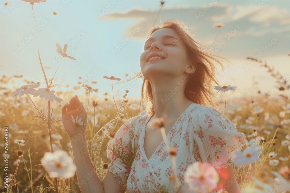 Poster a woman standing in a field of colorful flowers. suitable for nature and lifestyle concepts
