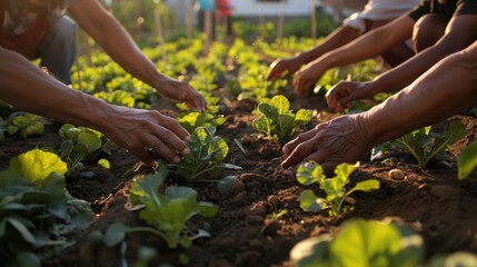 In an urban setting, a community vegetable garden with hands tending soil under golden sunset light, symbolizing food security and sustainability - obrazy, fototapety, plakaty