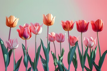 ultra-realistic composition of tulips, their slender stems and vibrant petals standing tall against a timeless solid color backdrop, creating a visually captivating image in 16k high resolution. - obrazy, fototapety, plakaty