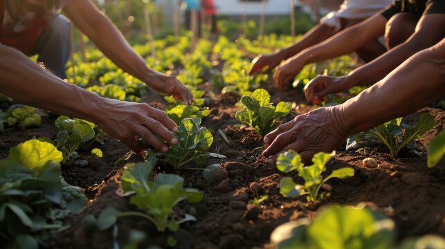 In an urban setting, a community vegetable garden with hands tending soil under golden sunset light, symbolizing food security and sustainability