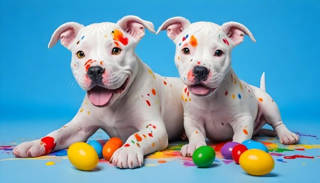 Two white puppy pitbulls with multicolored paint splatters on its fur, lying down on a similarly paint-splattered surface with colorful plastic eggs around, against a light blue background