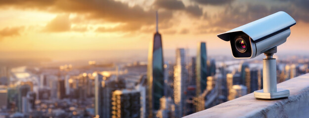 Security camera overlooking a cityscape at dusk. Surveillance technology in urban life. Camera capturing skyline, privacy and monitoring concept. Panorama with copy space.