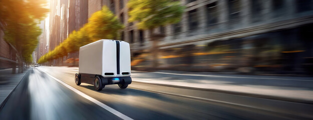 A futuristic delivery robot speeds along an urban avenue. Streamlined automation conveys goods swiftly between city structures. Panorama with copy space. - obrazy, fototapety, plakaty