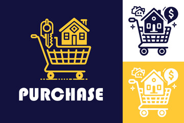 House purchase line symbol. Real estate market, house rent, sale or purchase outline vector icon or symbol, dwelling loan company thin line pictogram with house in shopping cart, vector shopping icon.