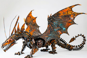 A steampunk dragon, gears embedded in its metallic hide, stands tall.