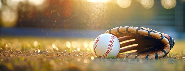 Sunlight illuminates a baseball glove and ball on the field. Sports equipment at dusk. Panorama with copy space.