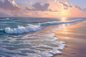 ultra-realistic depiction of a pristine beach at sunrise, with gentle waves lapping against the shore and the sky ablaze with pastel colors, capturing the essence of coastal tranquility. - obrazy, fototapety, plakaty
