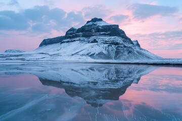 Beautiful sunset scene with mountain reflection in water. Ideal for travel and nature concepts