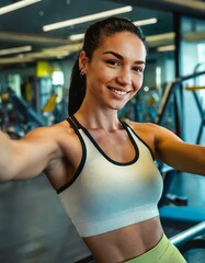  Young woman taking selfie in gym - obrazy, fototapety, plakaty
