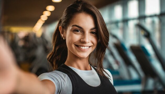  Young woman taking selfie in gym