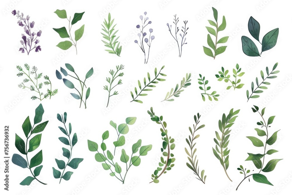 Poster assorted leaves on a plain white backdrop, suitable for nature or environmental concepts