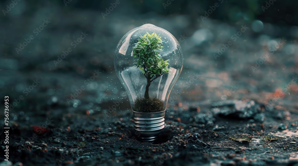 Poster A unique concept of a tree inside a light bulb. Perfect for environmental and creative design projects