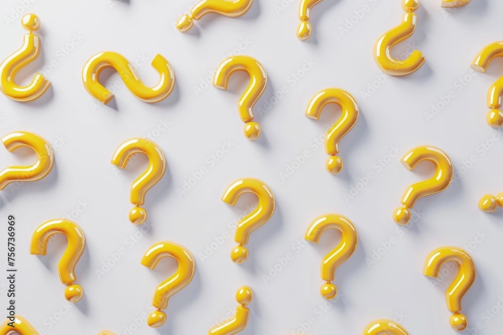 Poster yellow question marks on white surface, suitable for educational and business concepts