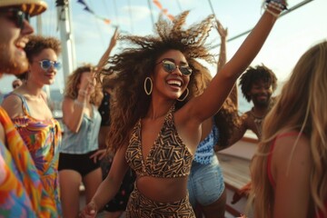 Fototapeta premium A woman in a bikini top dancing on a boat. Suitable for travel and leisure concepts