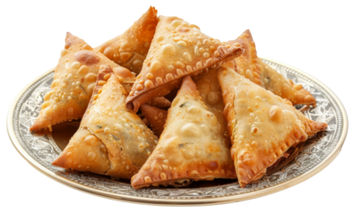 Golden fried samosas served on a white plate, cut out - stock png.