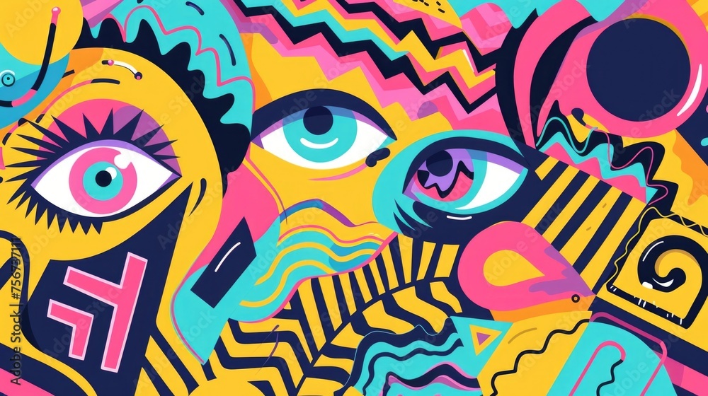 Poster Group of people with different colored faces, suitable for diversity and inclusion concepts