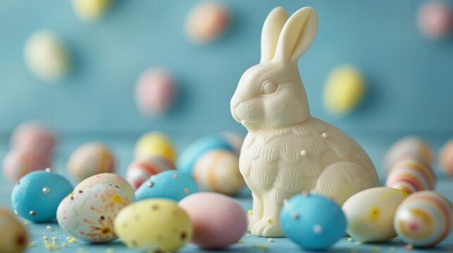 White chocolate easter bunny, with colorful egg decoration, isolated on blue background. Luxury chocolate, Easter holiday. Delicious milk, dark chocolate bunny.	