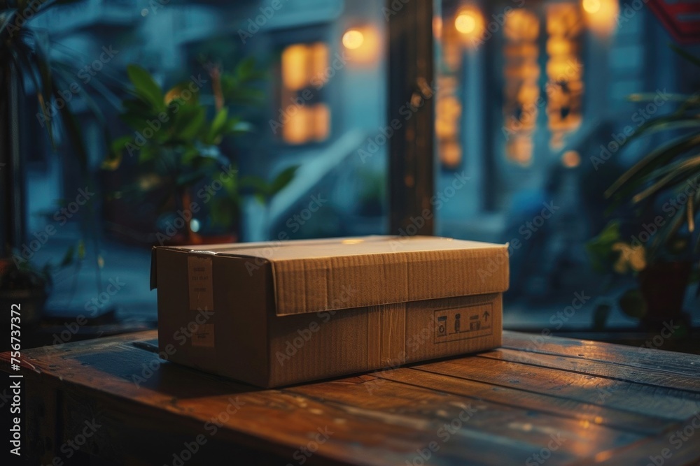Poster a box sitting on top of a wooden table. suitable for various concepts and designs