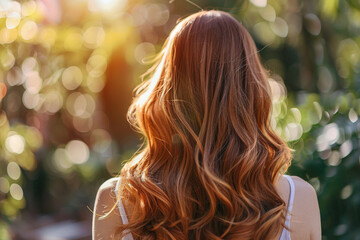 A woman with long brown hair, styled in soft waves and curls. The image shows her hair shining in the sunlight