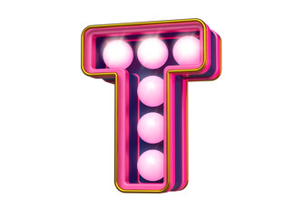 Marquee 3D letters character T in pink and blue. Attractive luminous font of light bulbs. High quality 3D rendering.