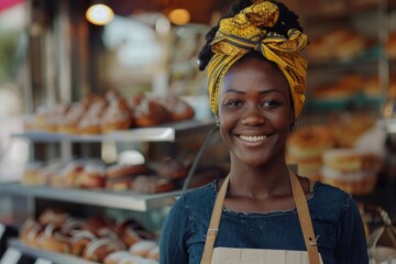 A woman wearing a turban standing in front of a bakery. Suitable for food and culture concepts - obrazy, fototapety, plakaty