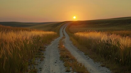 Scenic view of dirt road in field at sunset, ideal for nature backgrounds