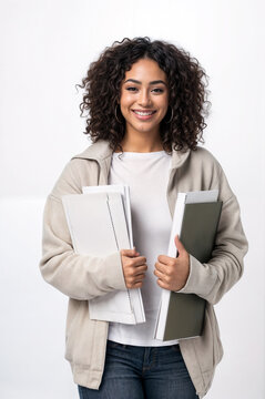 Positive Mixed Race Woman with Books	Witness positivity radiate as a young mixed race woman in casual attire holds books and papers, giving a thumbs up against a white background. generative ai