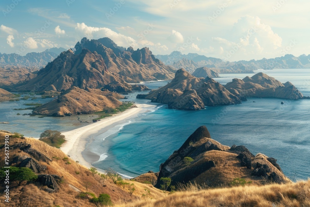 Poster a scenic view of a beach and mountains from the top of a hill. suitable for travel and nature concep