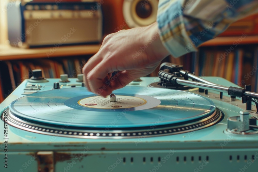 Poster a person playing a record on a turntable. suitable for music and entertainment themes