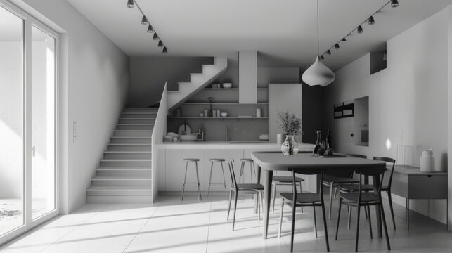 Black and white image of a modern kitchen with stairs. Suitable for interior design concepts