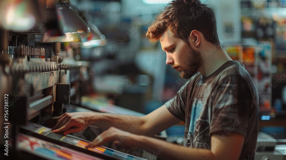 Aufkleber a man is operating a machine in a store. suitable for industrial and manufacturing concepts