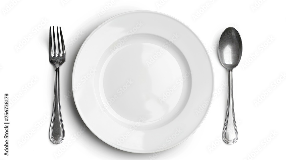 Poster a simple white plate with a fork and a spoon. suitable for kitchen or dining themes