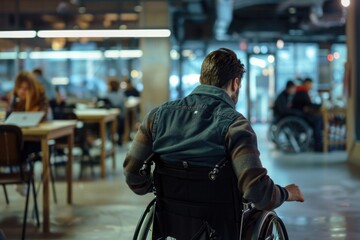A man in a wheelchair having a conversation on a mobile phone. Suitable for healthcare or disability concepts - obrazy, fototapety, plakaty