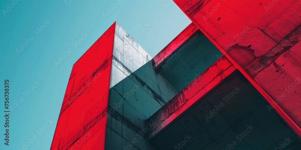 Poster a red building with a blue sky in the background. suitable for architectural and real estate concept