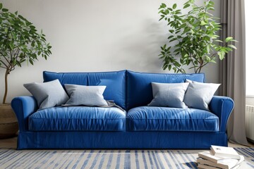 A blue couch sits next to a potted plant in a neatly arranged living room.