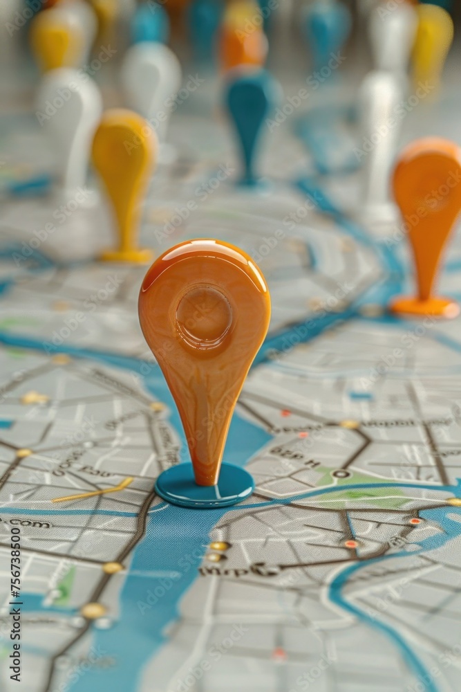 Poster a detailed view of a map with marked pins. ideal for travel planning