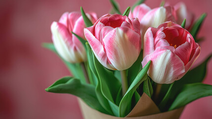 Obraz premium Bouquet of pink and white tulips in paper wrapping on a pink background.