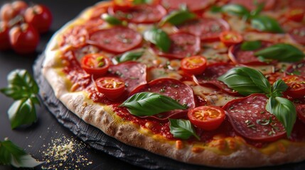 Close up of a delicious pizza topped with fresh tomatoes and basil. Great for food and Italian...