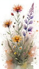 Wild flowers painted in watercolor. Decorative background, wallpaper.