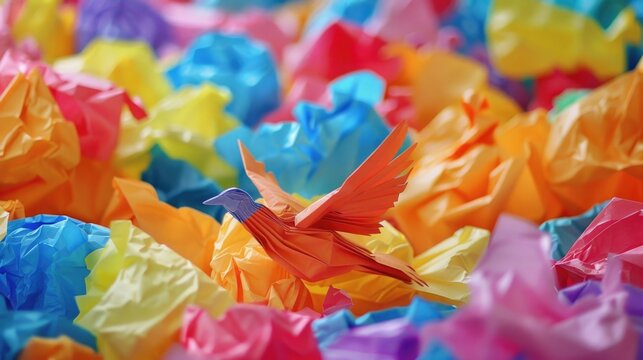 A bird gracefully flies through a sea of vibrant tissue paper. Perfect for creative projects