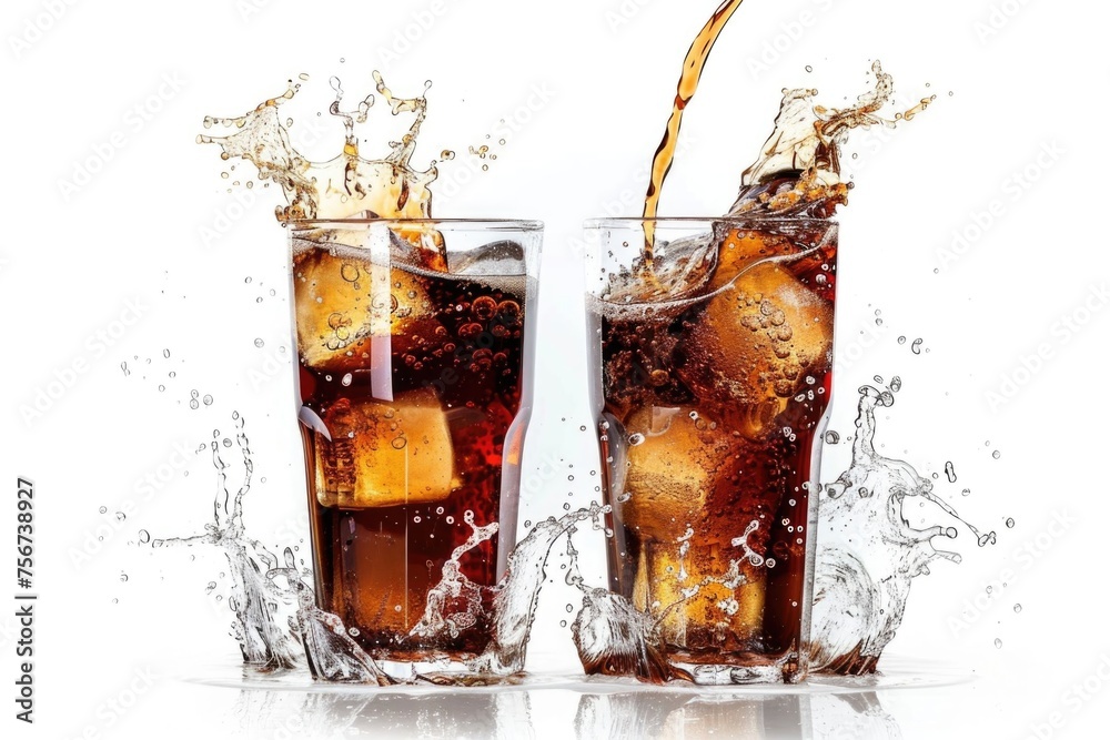 Poster two glasses of soda with ice and a splash of water. perfect for summer menus or beverage advertiseme