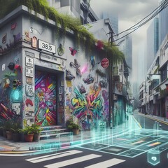 A Vibrant Intersection of Urban Art and Futuristic Technology in a Cityscape