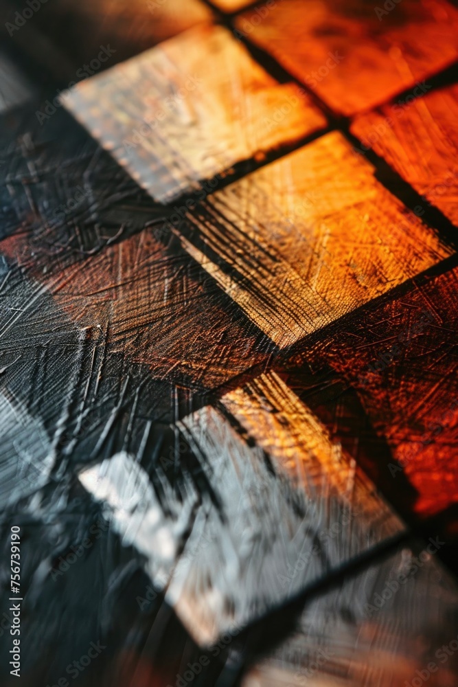 Poster Close up of a clock on a tiled floor, suitable for time management concepts