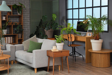 Interior of living room with plants, sofa and workplace